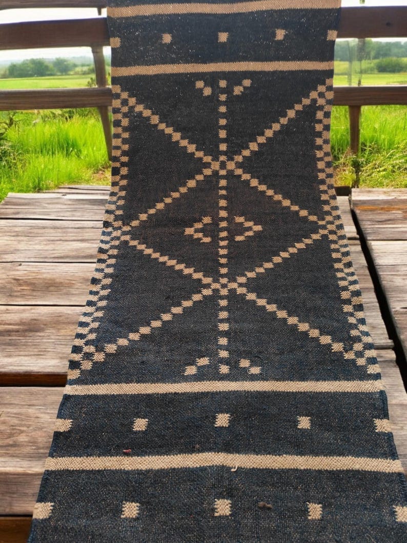 Handwoven Black  Wool And Jute Runner/Handmade Kilim Runner Rug For Stair Decor