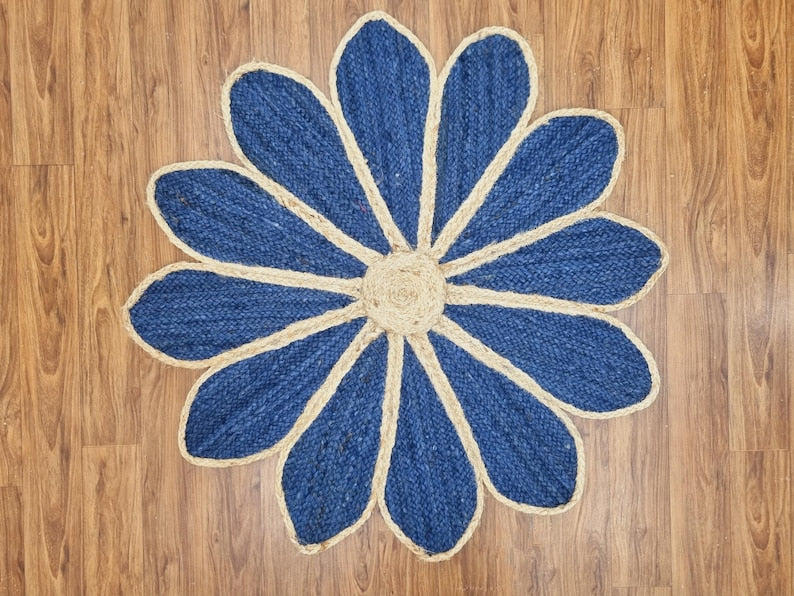 Flower Jute Rug Blue Hand Braided Jute Rug